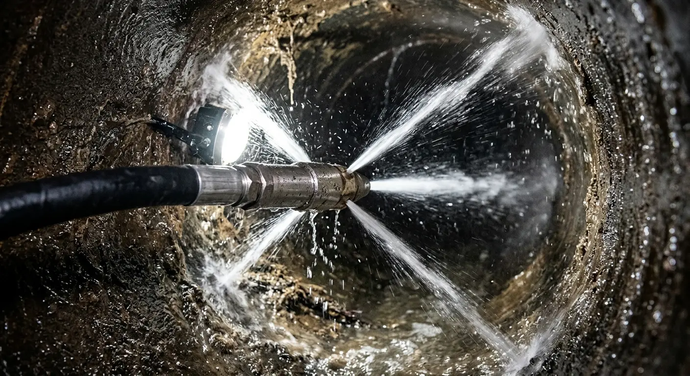 High-pressure hydro jetting nozzle cleaning sewer pipe for Trenchless Sewer Repair in Kinderhook