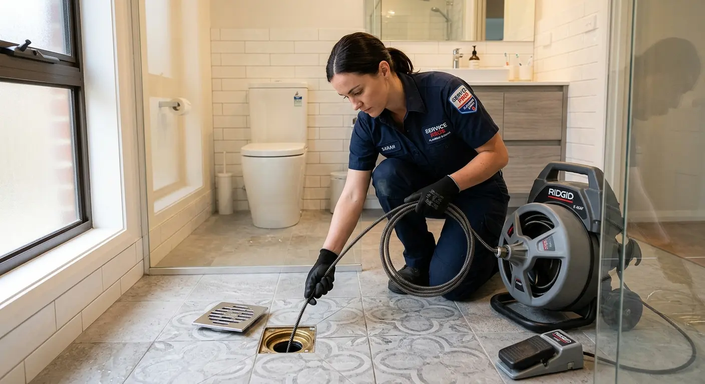 Technician clearing a bathroom floor drain for Sewer Line Replacement in Kinderhook